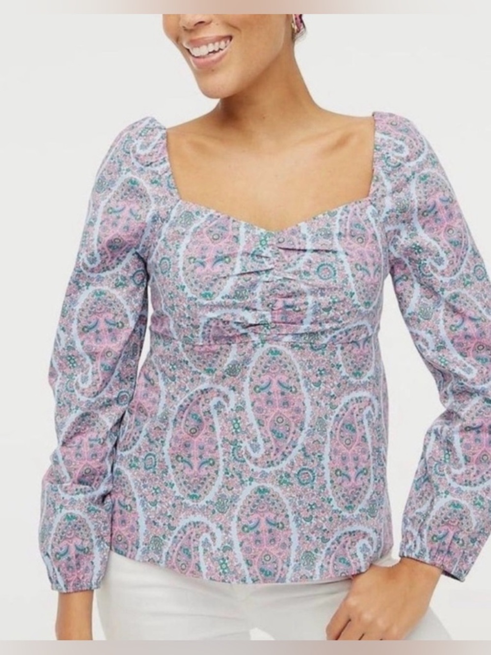 J Crew Paisley Sweetheart Long Sleeve Blouse Blue Pink size 12